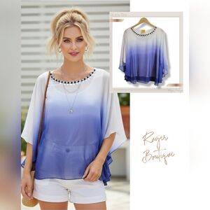 🌿Ruby Rd Blouse L Large Ombre Blue Sheer Batwing Sleeve Jeweled Neck Lined Boho